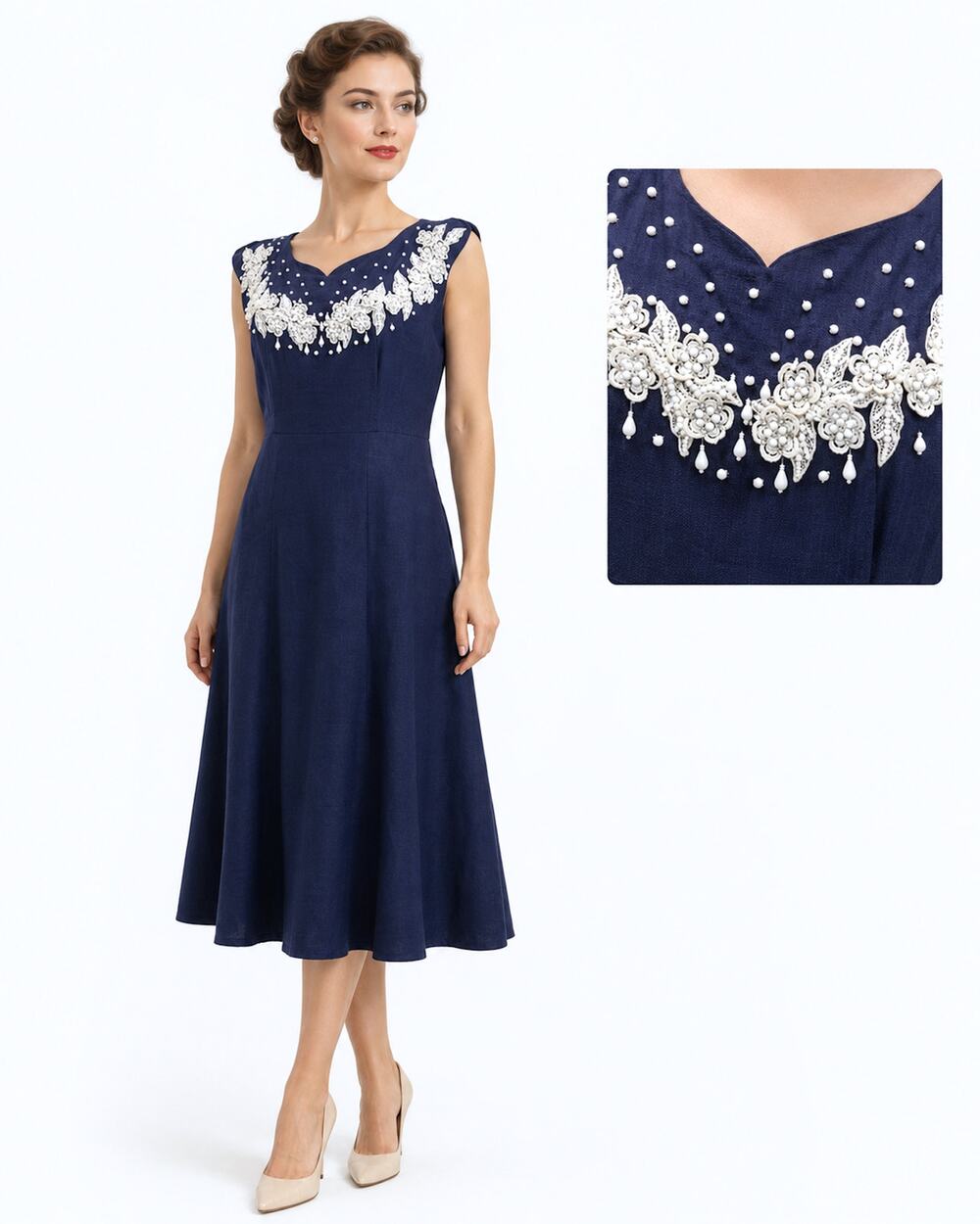 Vintage 1950s Dark Blue Linen Dress w Floral Lace Rhinestone & Bead Trim | M